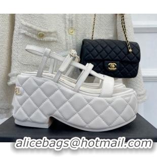 Good Product Chanel Lambskin Strap Platform Wedge Sandals 7.5cm White 020765