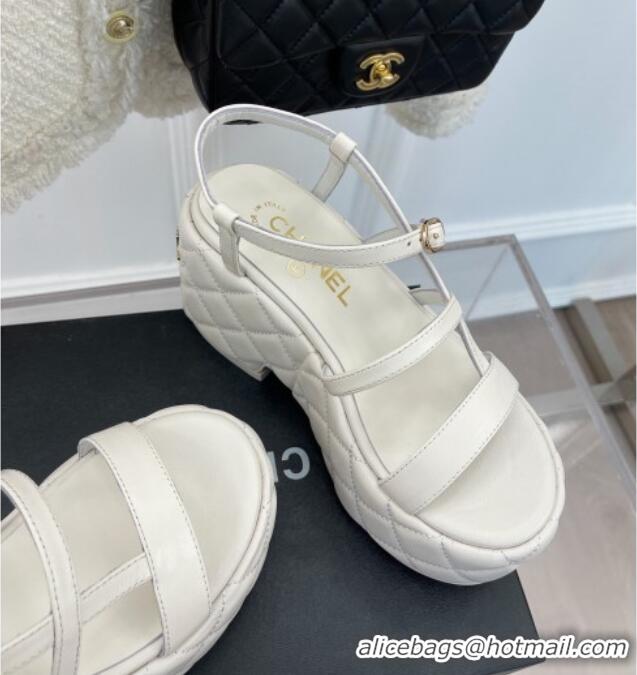 Good Product Chanel Lambskin Strap Platform Wedge Sandals 7.5cm White 020765