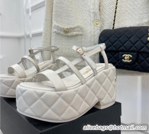 Good Product Chanel Lambskin Strap Platform Wedge Sandals 7.5cm White 020765