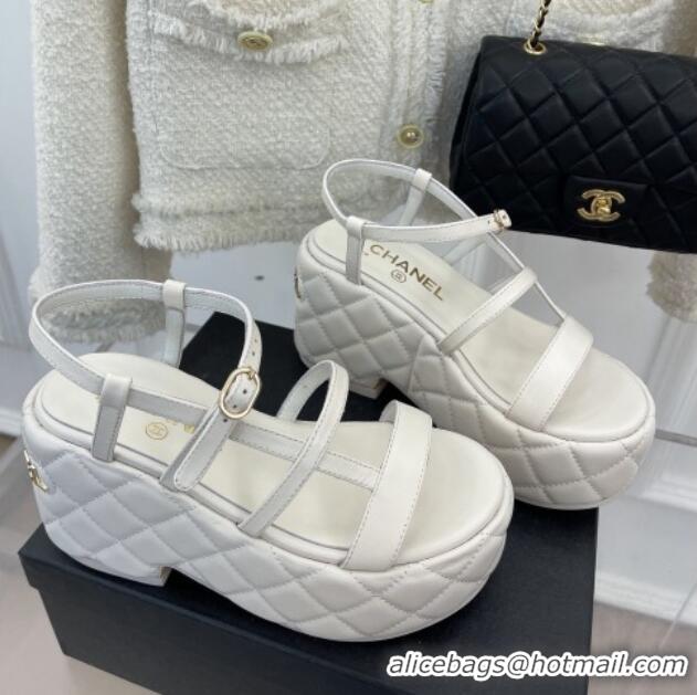 Good Product Chanel Lambskin Strap Platform Wedge Sandals 7.5cm White 020765