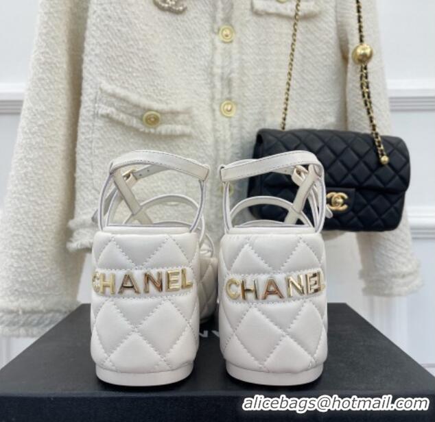 Good Product Chanel Lambskin Strap Platform Wedge Sandals 7.5cm White 020765