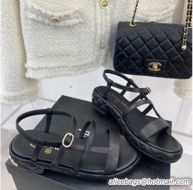 Good Looking Chanel Lambskin Strap Sandals 3cm Black 020766