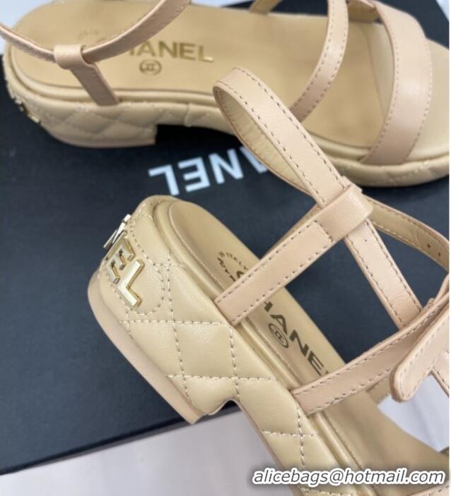 Good Quality Chanel Lambskin Strap Sandals 3cm Beige 020767