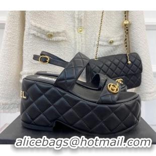 Sumptuous Chanel Quilted Lambskin Platform Wedge Sandals with CC Circle 7.5cm Black 020769