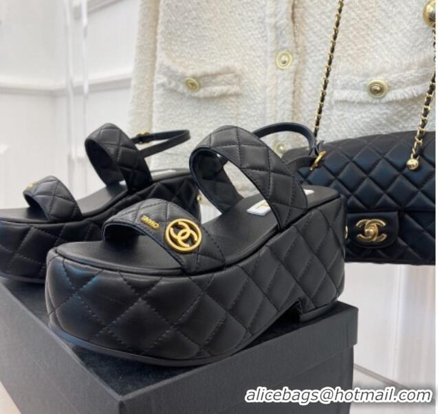 Sumptuous Chanel Quilted Lambskin Platform Wedge Sandals with CC Circle 7.5cm Black 020769