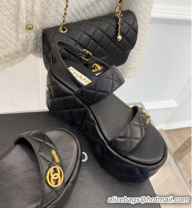 Sumptuous Chanel Quilted Lambskin Platform Wedge Sandals with CC Circle 7.5cm Black 020769