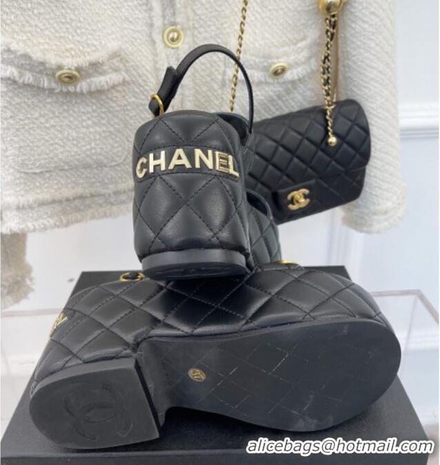 Sumptuous Chanel Quilted Lambskin Platform Wedge Sandals with CC Circle 7.5cm Black 020769