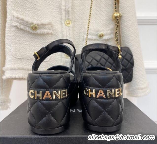 Sumptuous Chanel Quilted Lambskin Platform Wedge Sandals with CC Circle 7.5cm Black 020769