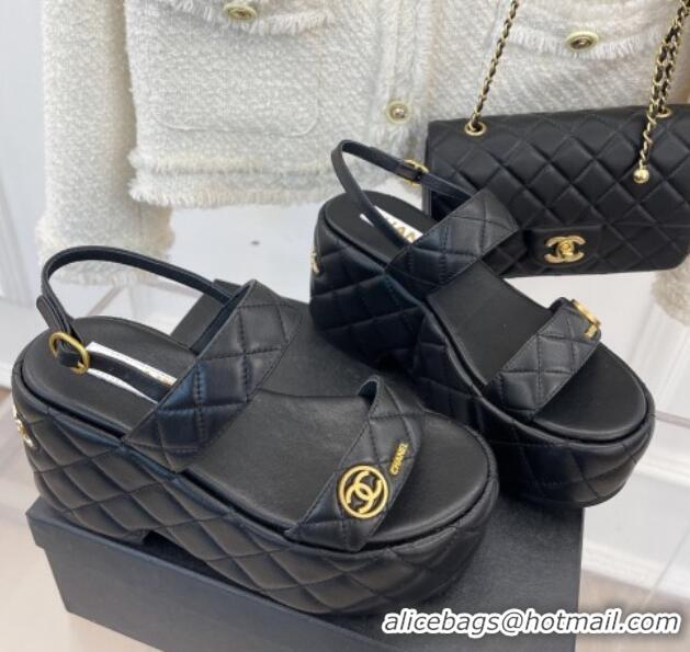 Sumptuous Chanel Quilted Lambskin Platform Wedge Sandals with CC Circle 7.5cm Black 020769