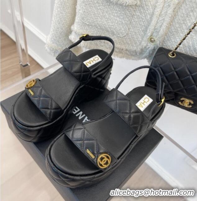 Sumptuous Chanel Quilted Lambskin Platform Wedge Sandals with CC Circle 7.5cm Black 020769