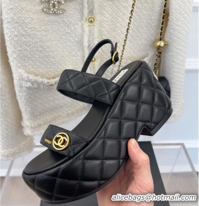 Sumptuous Chanel Quilted Lambskin Platform Wedge Sandals with CC Circle 7.5cm Black 020769