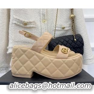 Pretty Style Chanel Quilted Lambskin Platform Wedge Sandals with CC Circle 7.5cm Beige 020770