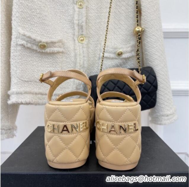 Pretty Style Chanel Quilted Lambskin Platform Wedge Sandals with CC Circle 7.5cm Beige 020770