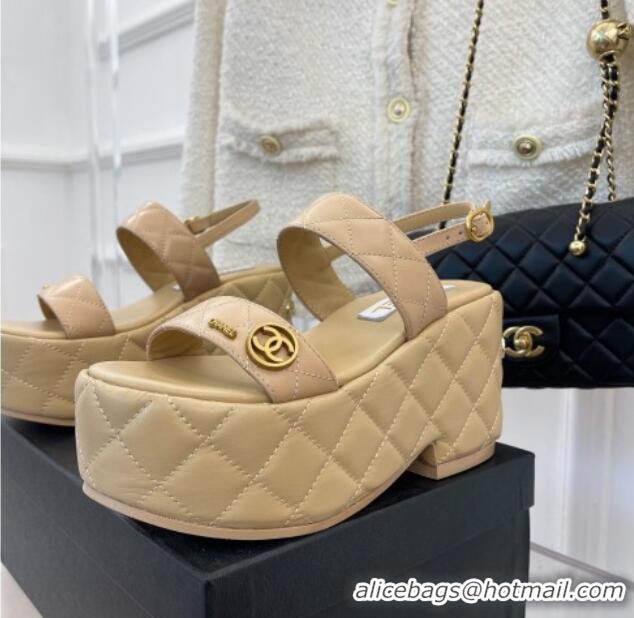 Pretty Style Chanel Quilted Lambskin Platform Wedge Sandals with CC Circle 7.5cm Beige 020770