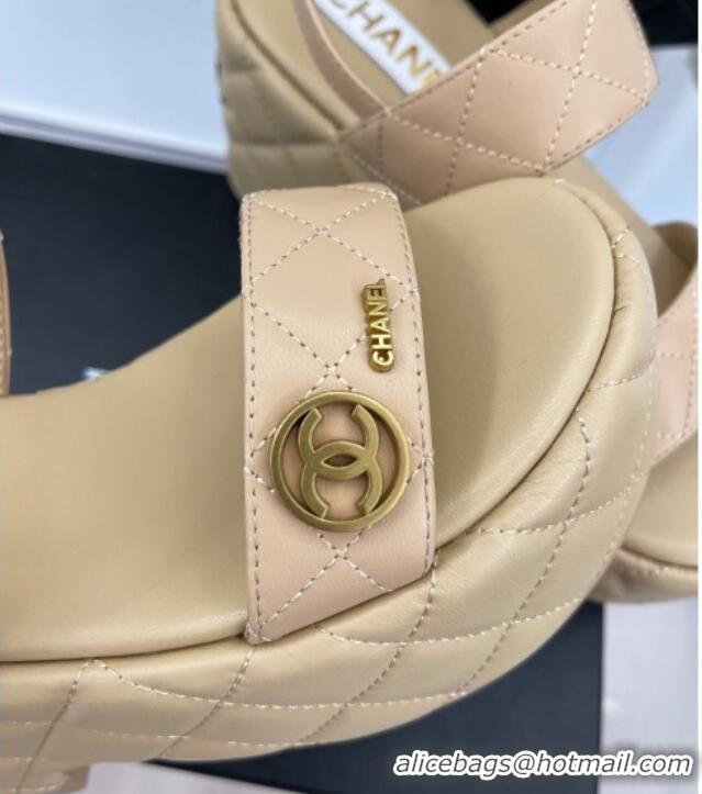 Pretty Style Chanel Quilted Lambskin Platform Wedge Sandals with CC Circle 7.5cm Beige 020770