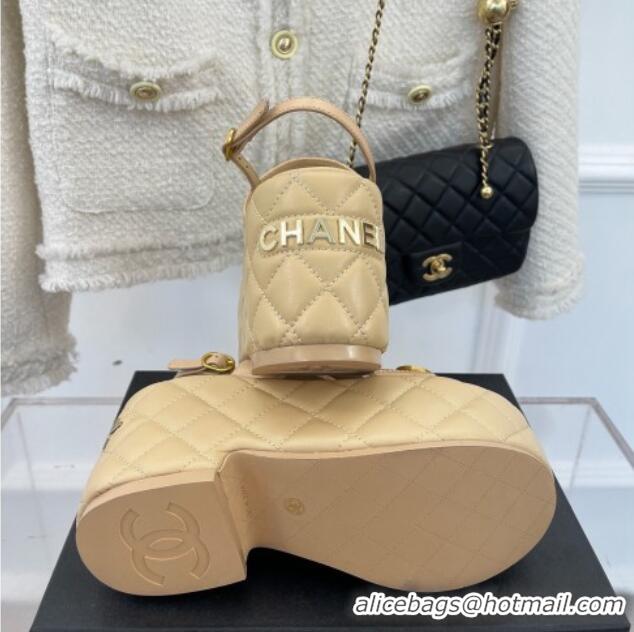 Pretty Style Chanel Quilted Lambskin Platform Wedge Sandals with CC Circle 7.5cm Beige 020770