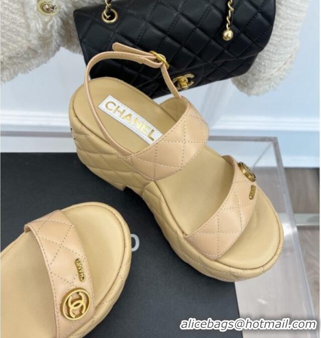 Pretty Style Chanel Quilted Lambskin Platform Wedge Sandals with CC Circle 7.5cm Beige 020770