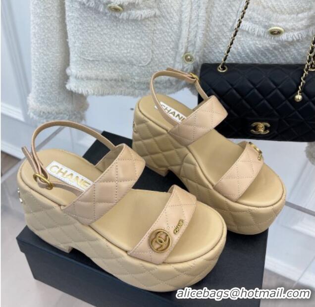 Pretty Style Chanel Quilted Lambskin Platform Wedge Sandals with CC Circle 7.5cm Beige 020770