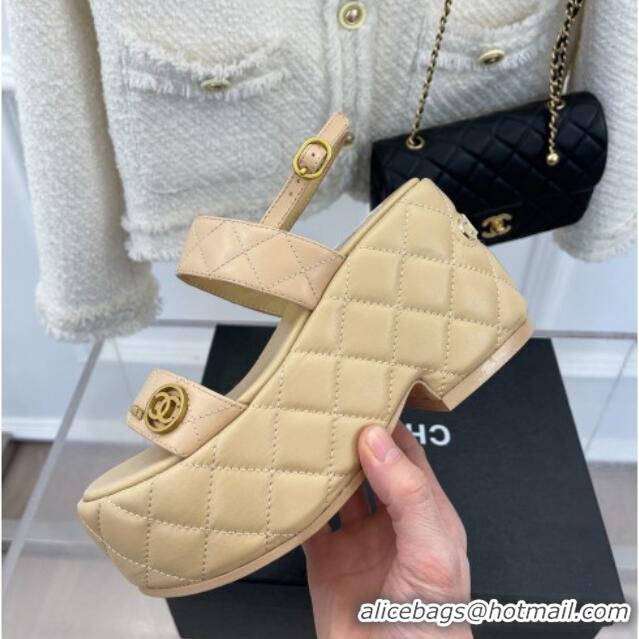 Pretty Style Chanel Quilted Lambskin Platform Wedge Sandals with CC Circle 7.5cm Beige 020770