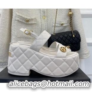 Grade Quality Chanel Quilted Lambskin Platform Wedge Sandals with CC Circle 7.5cm White 020771