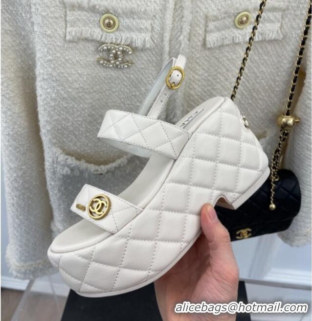 Grade Quality Chanel Quilted Lambskin Platform Wedge Sandals with CC Circle 7.5cm White 020771