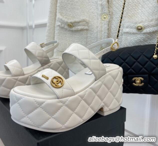 Grade Quality Chanel Quilted Lambskin Platform Wedge Sandals with CC Circle 7.5cm White 020771