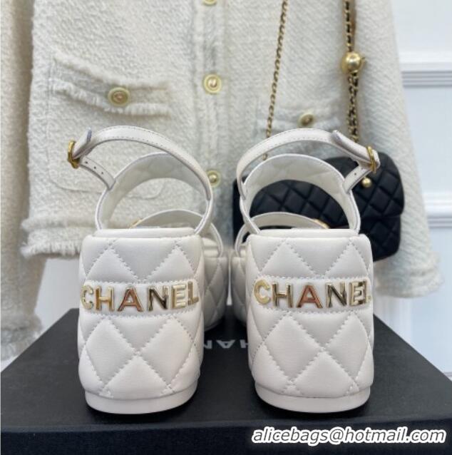 Grade Quality Chanel Quilted Lambskin Platform Wedge Sandals with CC Circle 7.5cm White 020771