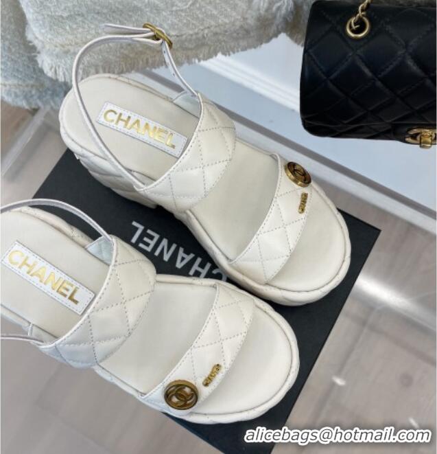 Grade Quality Chanel Quilted Lambskin Platform Wedge Sandals with CC Circle 7.5cm White 020771