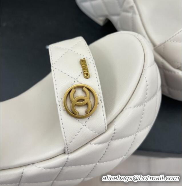 Grade Quality Chanel Quilted Lambskin Platform Wedge Sandals with CC Circle 7.5cm White 020771