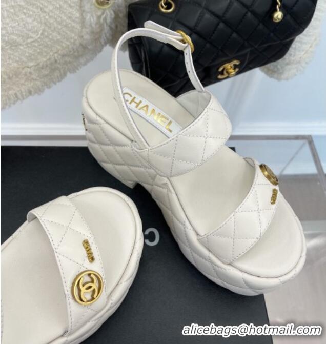 Grade Quality Chanel Quilted Lambskin Platform Wedge Sandals with CC Circle 7.5cm White 020771