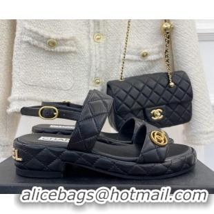 Top Grade Chanel Quilted Lambskin Sandals with CC Circle 3cm Black 020772