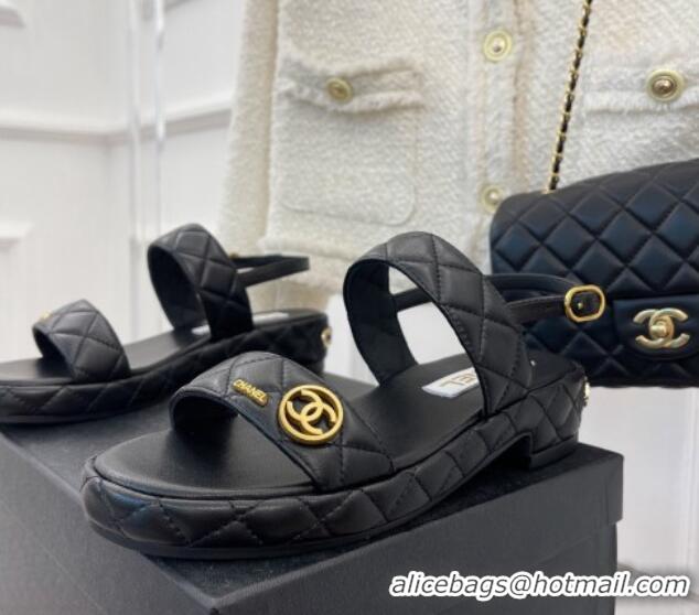 Top Grade Chanel Quilted Lambskin Sandals with CC Circle 3cm Black 020772