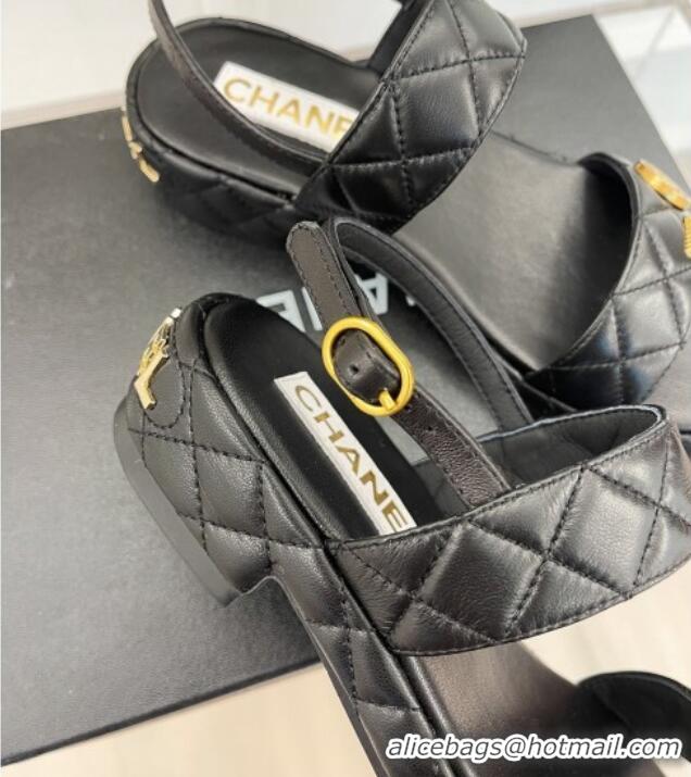 Top Grade Chanel Quilted Lambskin Sandals with CC Circle 3cm Black 020772