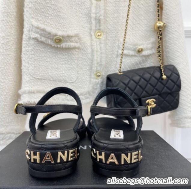 Top Grade Chanel Quilted Lambskin Sandals with CC Circle 3cm Black 020772