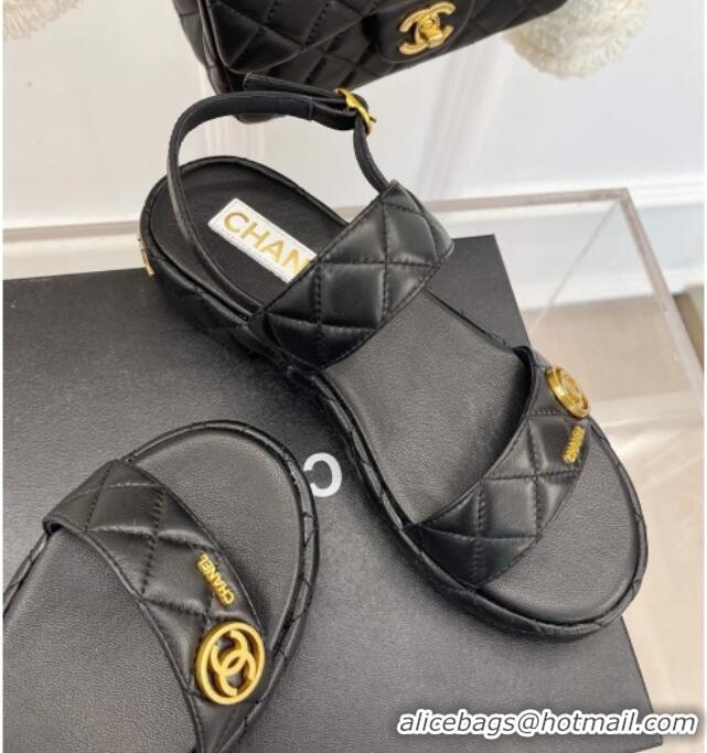 Top Grade Chanel Quilted Lambskin Sandals with CC Circle 3cm Black 020772