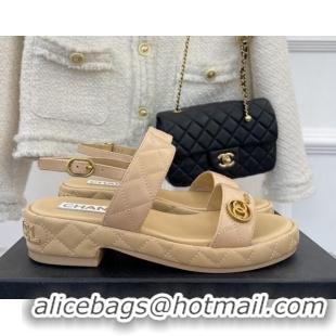 Best Grade Chanel Quilted Lambskin Sandals with CC Circle 3cm Beige 020773