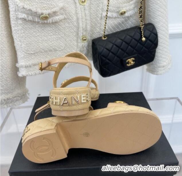 Best Grade Chanel Quilted Lambskin Sandals with CC Circle 3cm Beige 020773