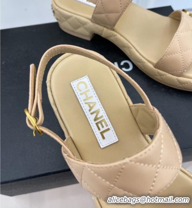 Best Grade Chanel Quilted Lambskin Sandals with CC Circle 3cm Beige 020773