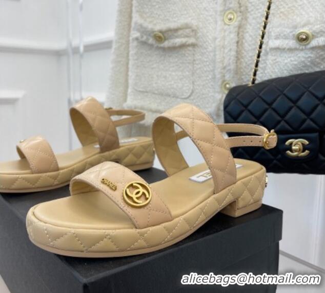 Best Grade Chanel Quilted Lambskin Sandals with CC Circle 3cm Beige 020773