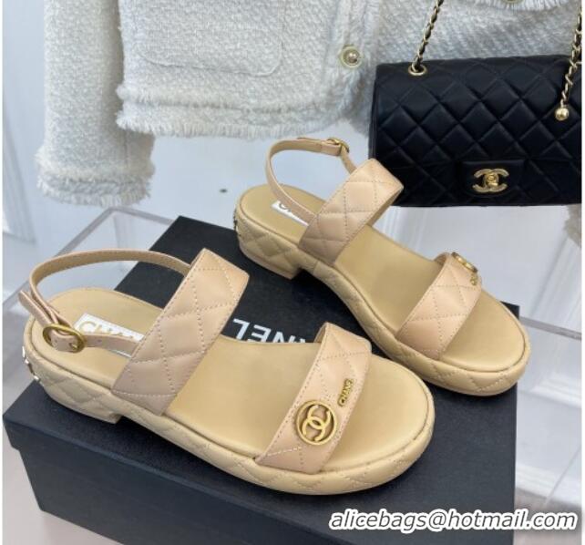 Best Grade Chanel Quilted Lambskin Sandals with CC Circle 3cm Beige 020773