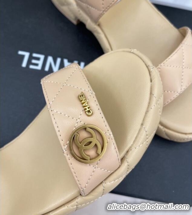 Best Grade Chanel Quilted Lambskin Sandals with CC Circle 3cm Beige 020773