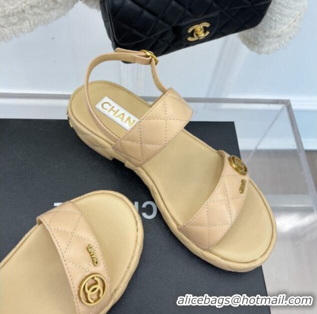 Best Grade Chanel Quilted Lambskin Sandals with CC Circle 3cm Beige 020773