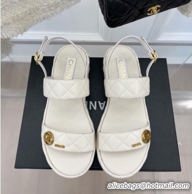 Hot Style Chanel Quilted Lambskin Sandals with CC Circle 3cm White 020774