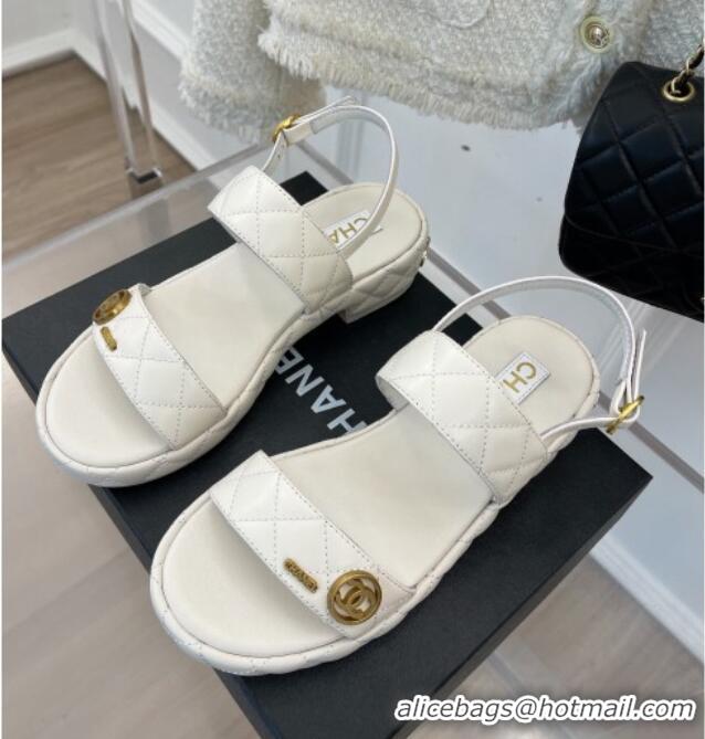 Hot Style Chanel Quilted Lambskin Sandals with CC Circle 3cm White 020774