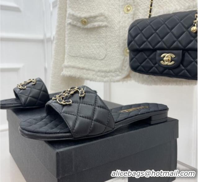 Stylish Chanel Quilted Lambskin Flat Slide Sandals with Chain CC Black 020775