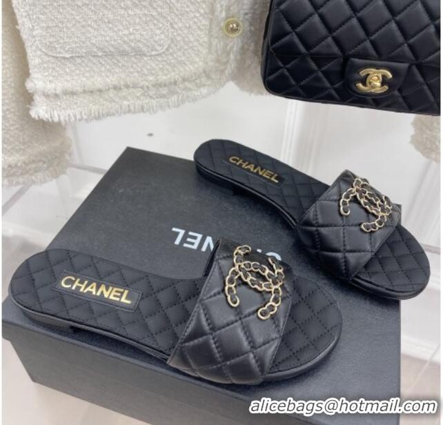 Stylish Chanel Quilted Lambskin Flat Slide Sandals with Chain CC Black 020775