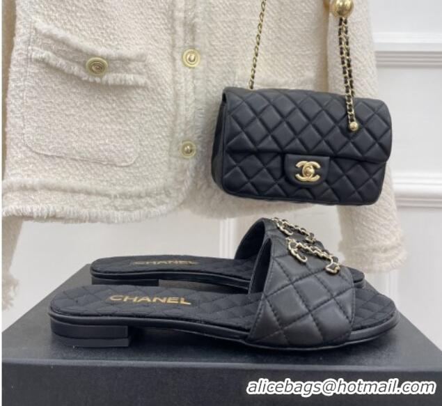 Stylish Chanel Quilted Lambskin Flat Slide Sandals with Chain CC Black 020775