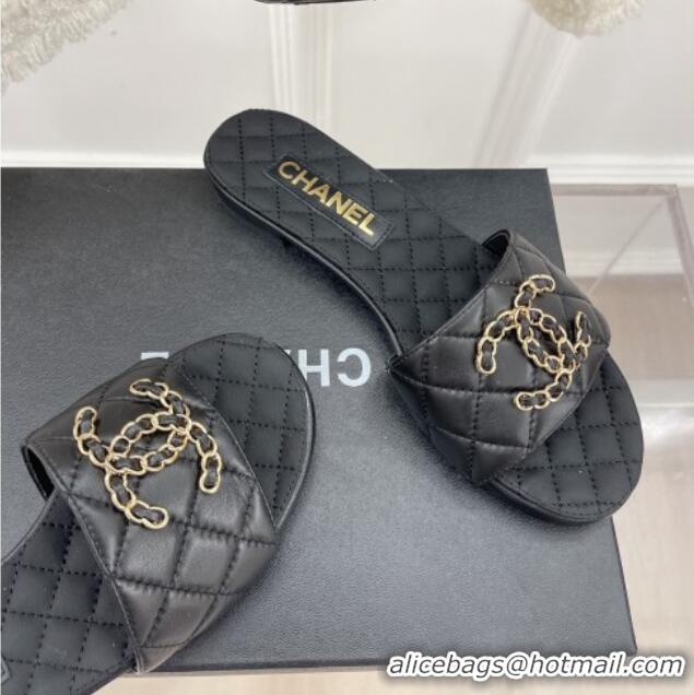 Stylish Chanel Quilted Lambskin Flat Slide Sandals with Chain CC Black 020775