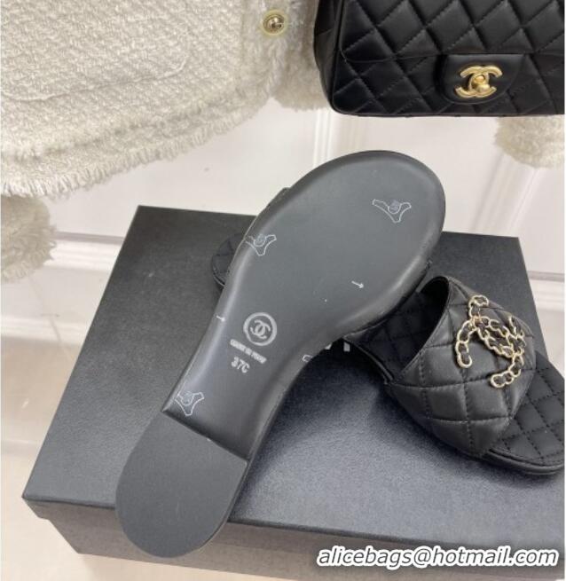 Stylish Chanel Quilted Lambskin Flat Slide Sandals with Chain CC Black 020775