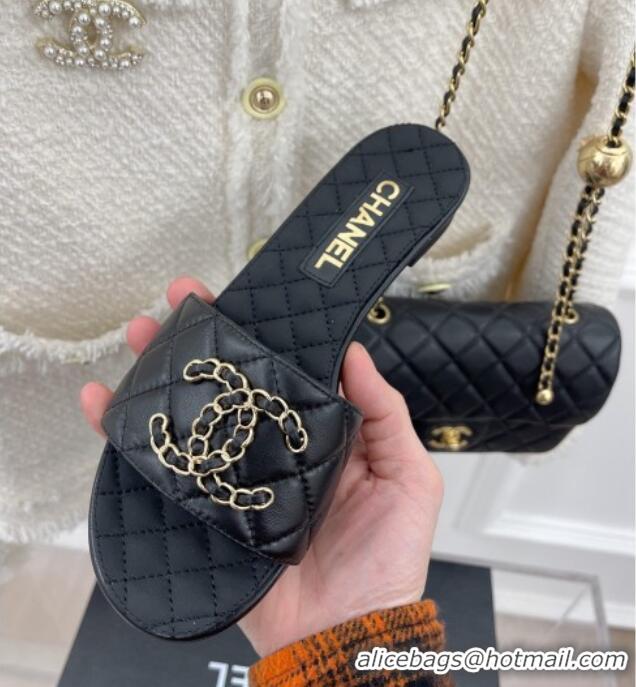 Stylish Chanel Quilted Lambskin Flat Slide Sandals with Chain CC Black 020775